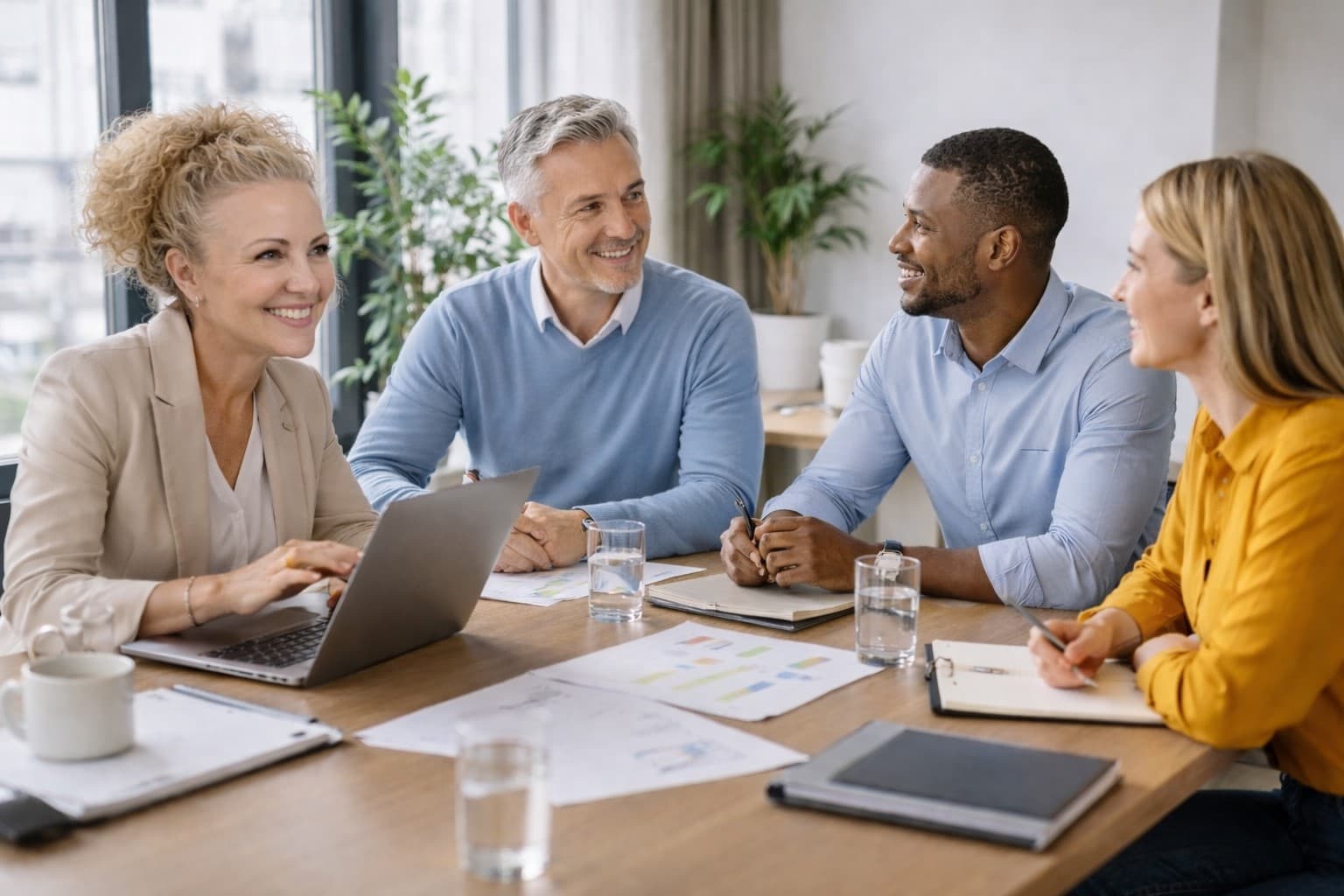 Equipo directivo trabajando en una reunión de estrategia